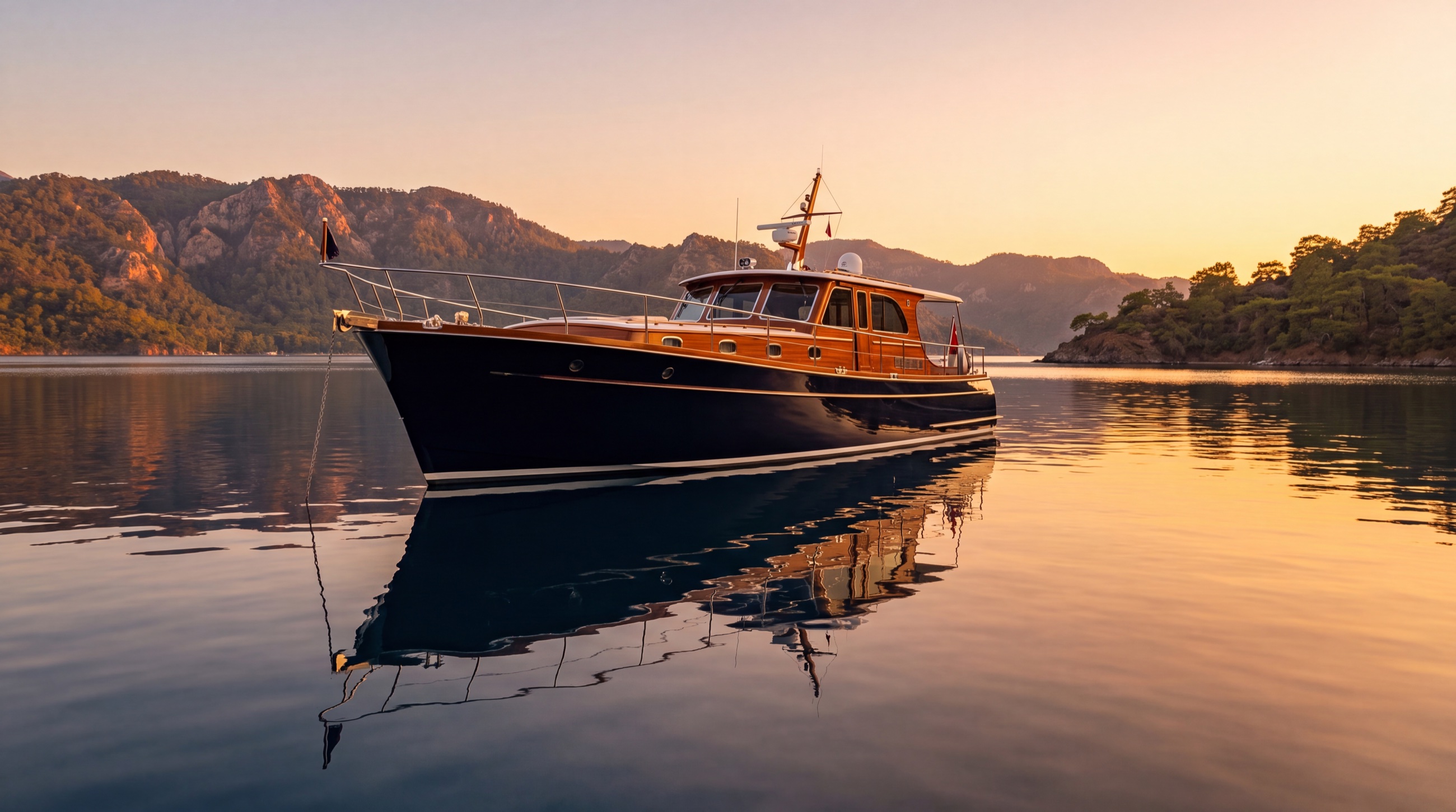 An elegant motor yacht at anchor in a calm Turkish bay at golden hour