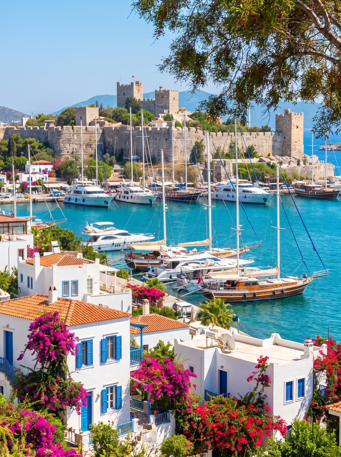 Bodrum harbour and castle beside a turquoise Aegean bay