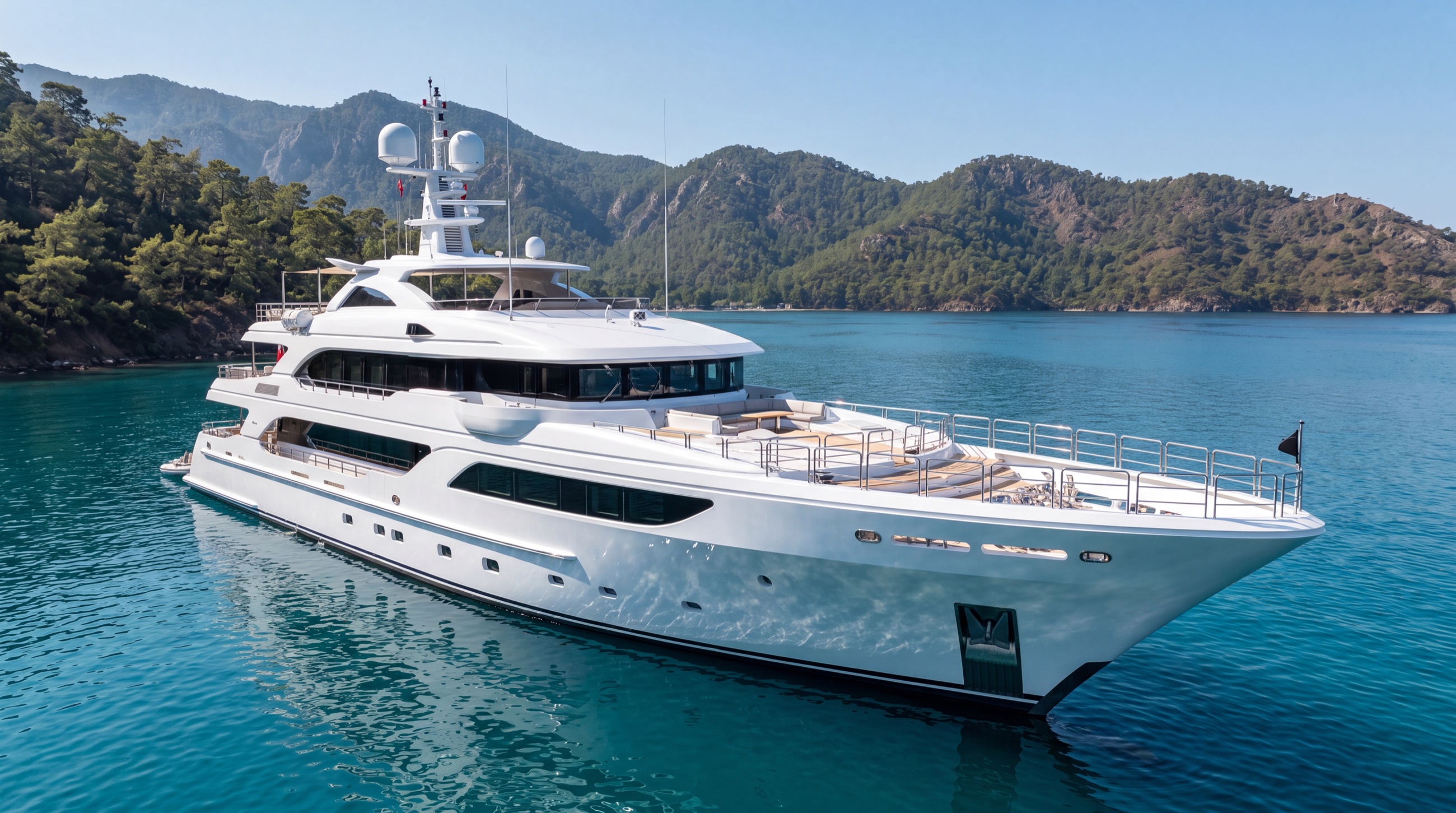 A large white motor superyacht anchored in a turquoise Turkish bay