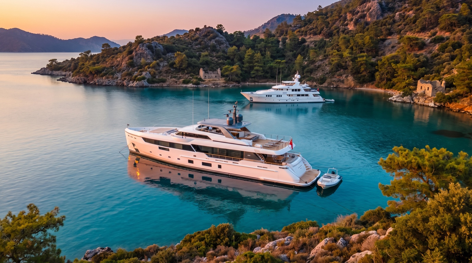 A modern motor yacht at anchor in a turquoise Turkish bay