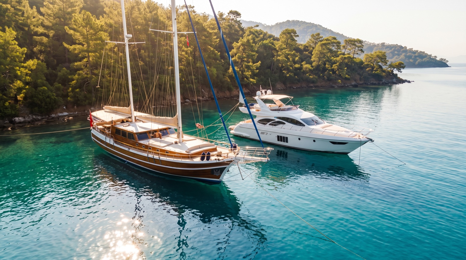A gulet and a motor yacht anchored in a pine-fringed Turkish cove