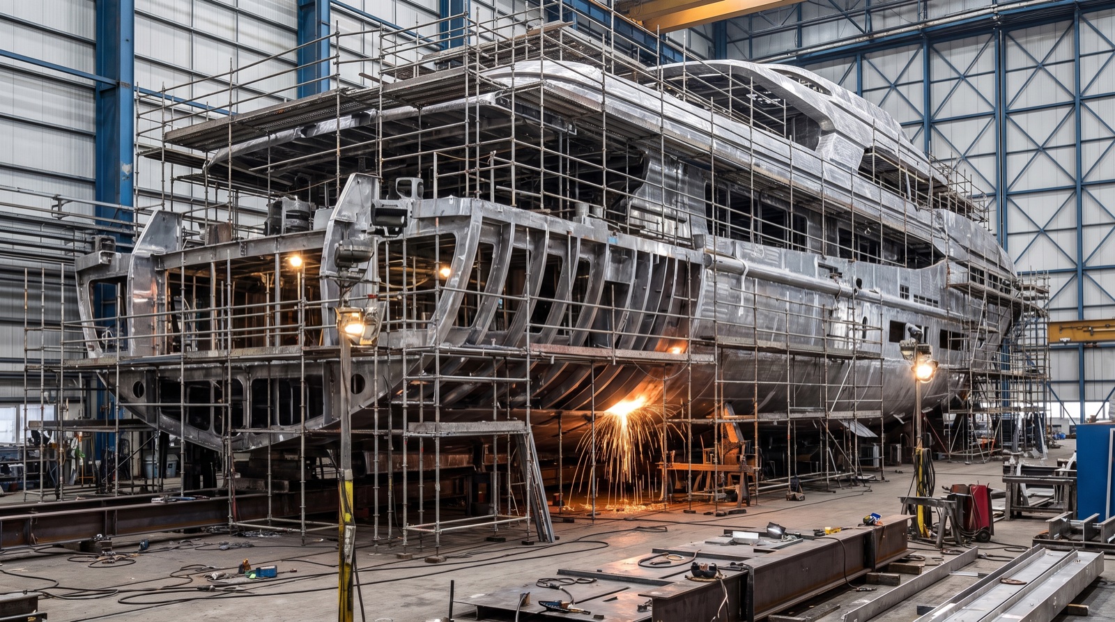 The bare hull of a superyacht under construction in a shipyard shed