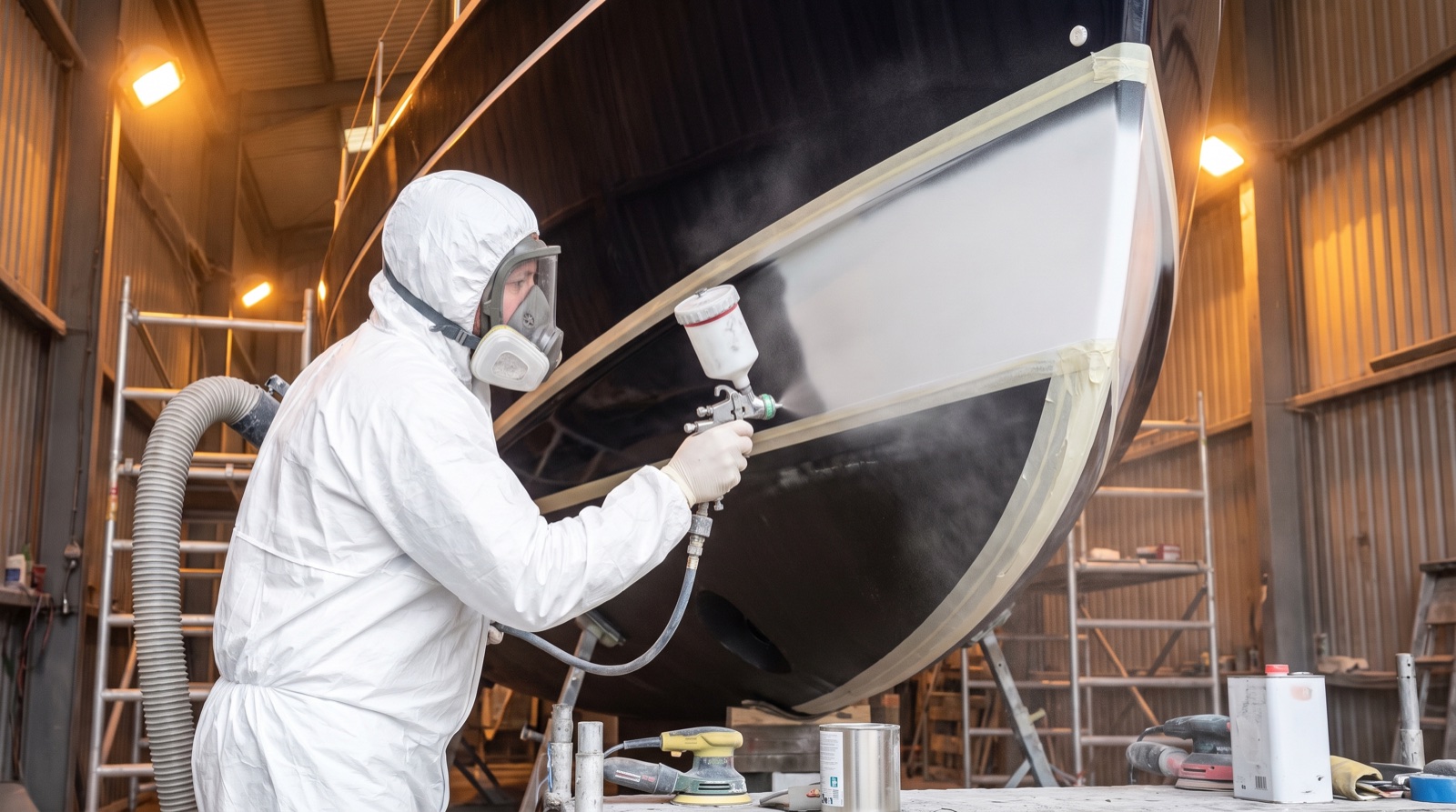 A technician fairing and painting a yacht hull during refit