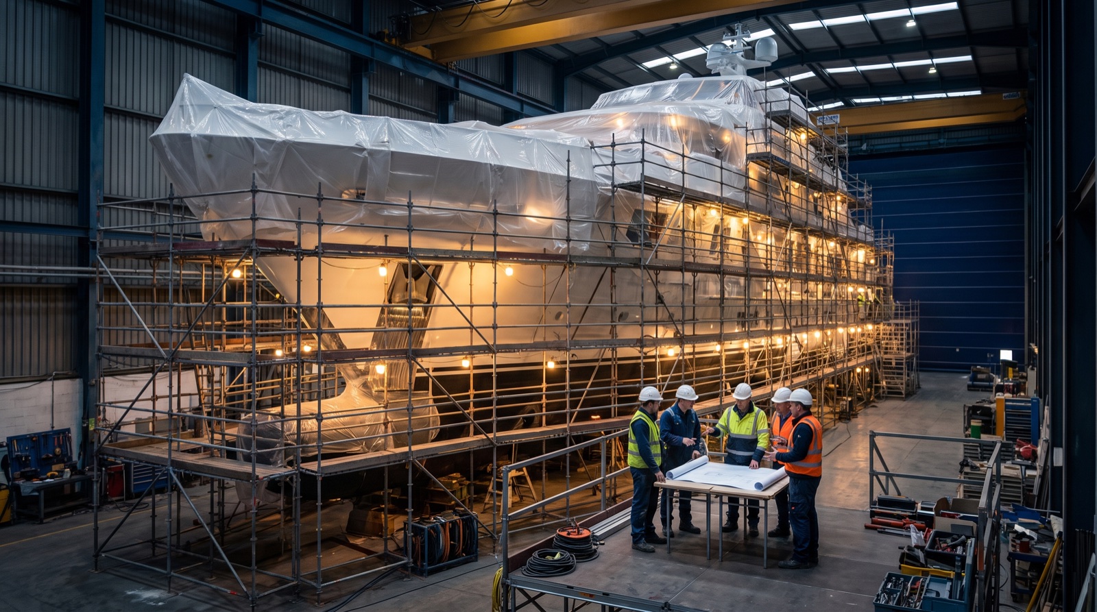 A superyacht wrapped in scaffolding during a refit