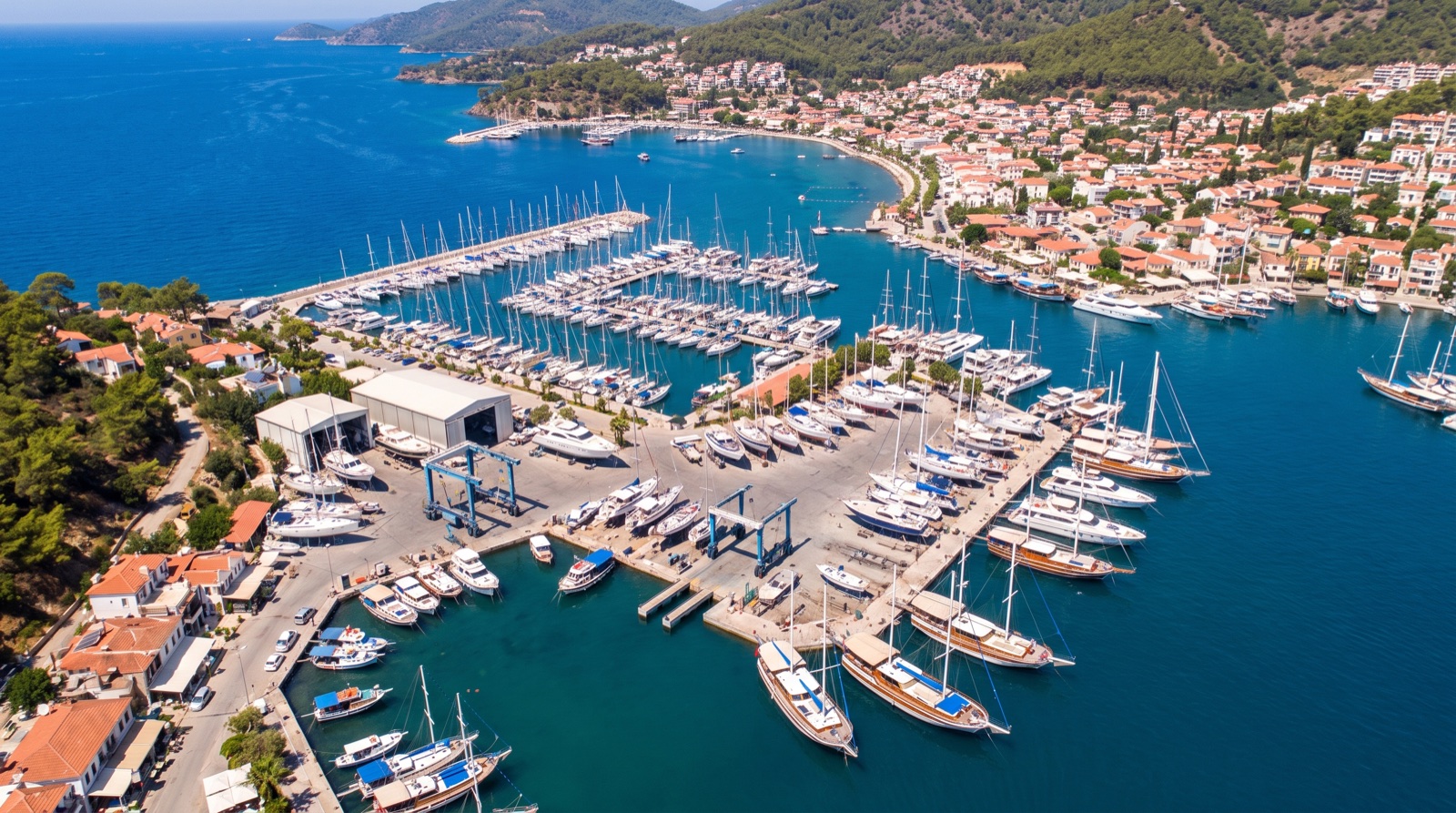 Aerial view of a Turkish marina and boatyard region
