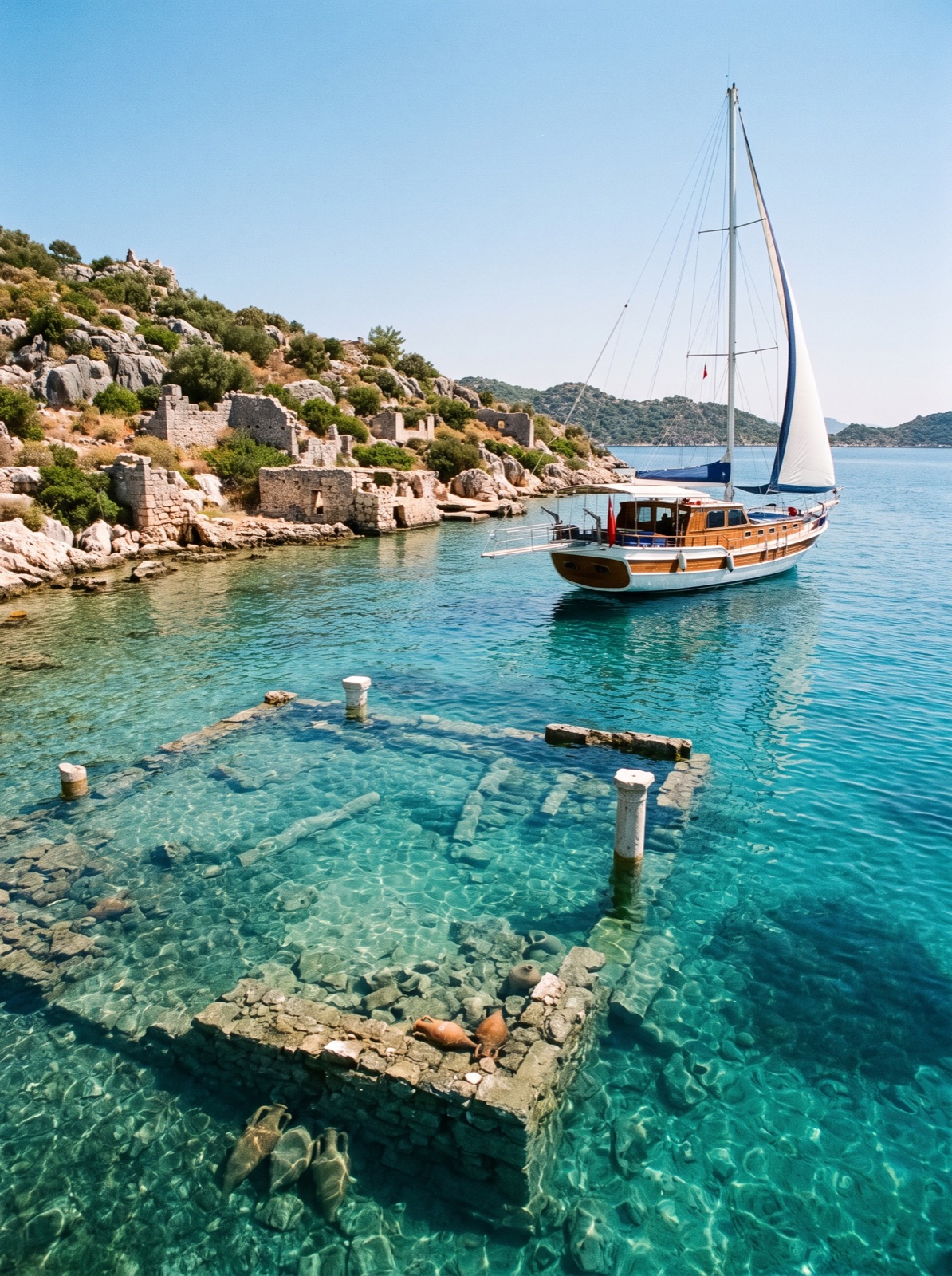 A gulet over the sunken ruins at Kekova