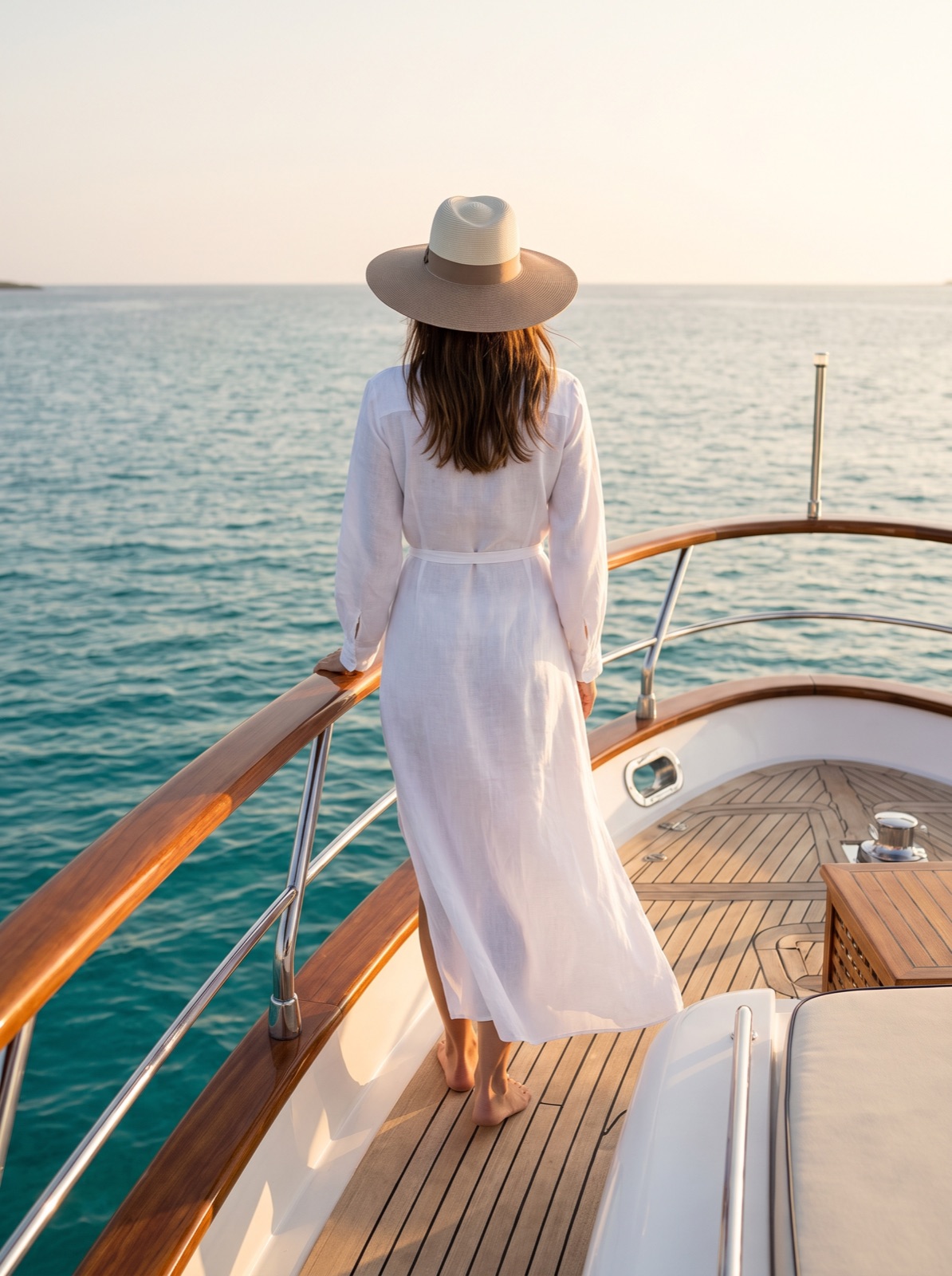 Looking out over a turquoise sea from the deck of a yacht