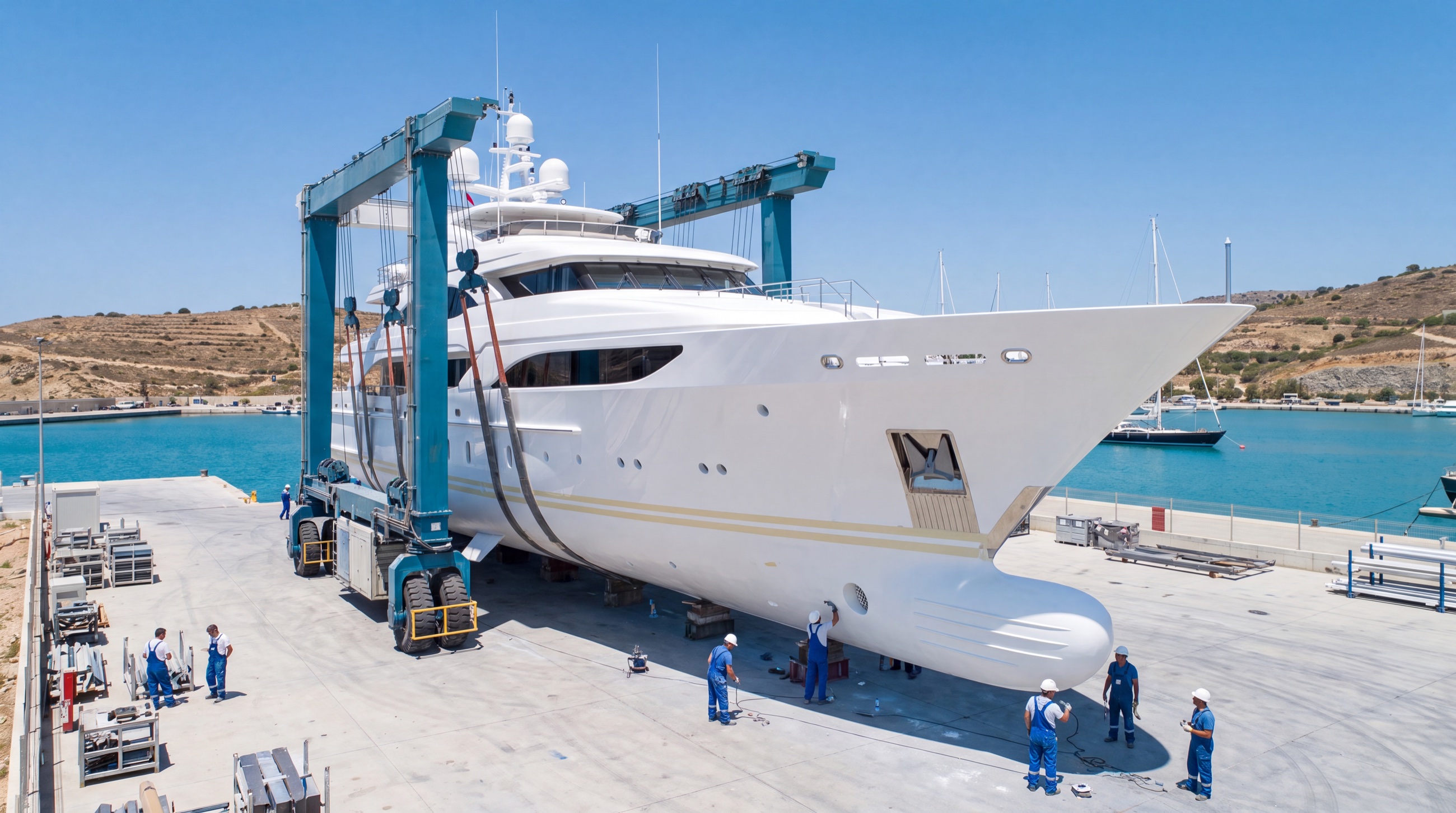 A superyacht hauled out for refit in a Turkish shipyard with scaffolding and a travel lift