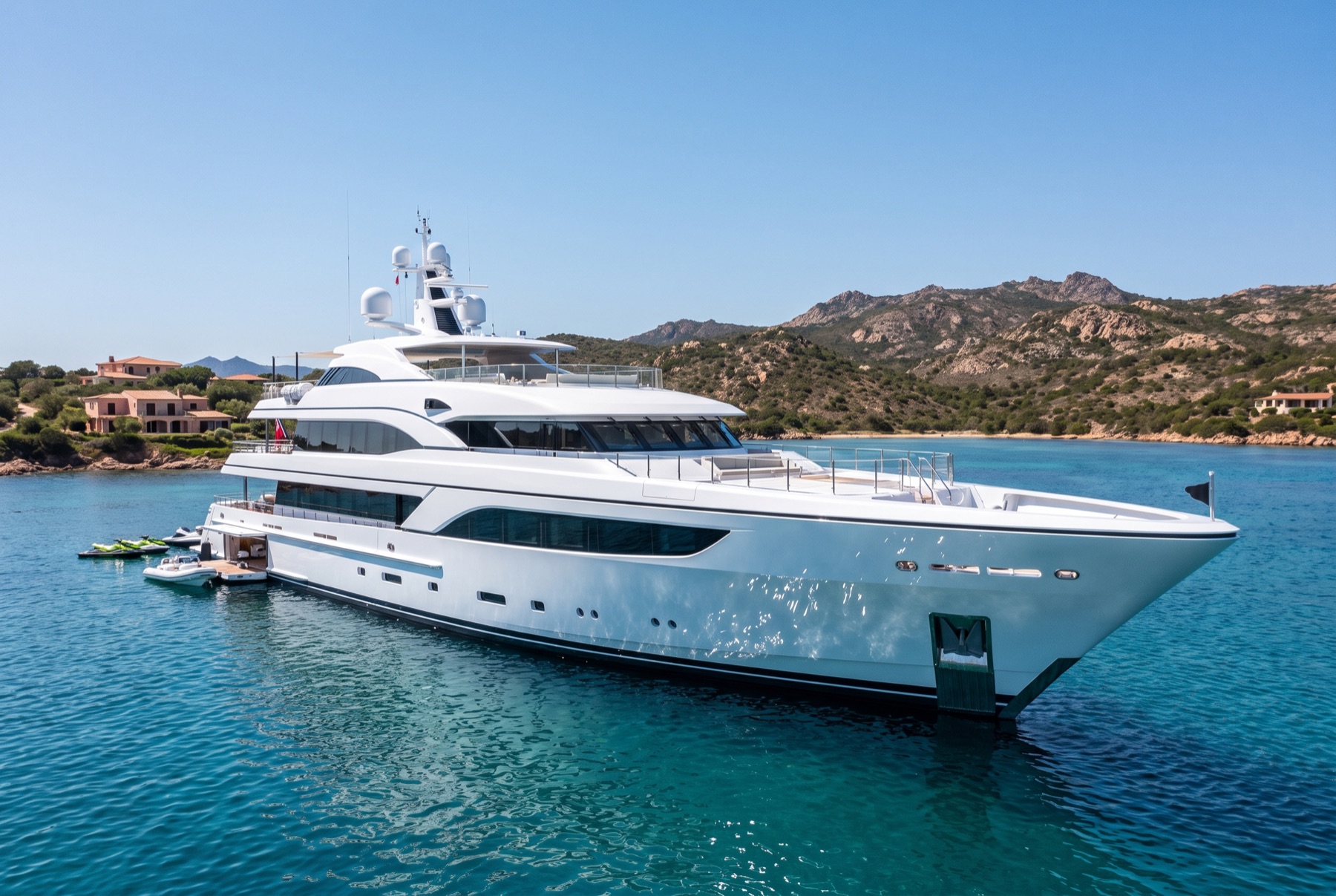 A large motor yacht at anchor in a calm bay